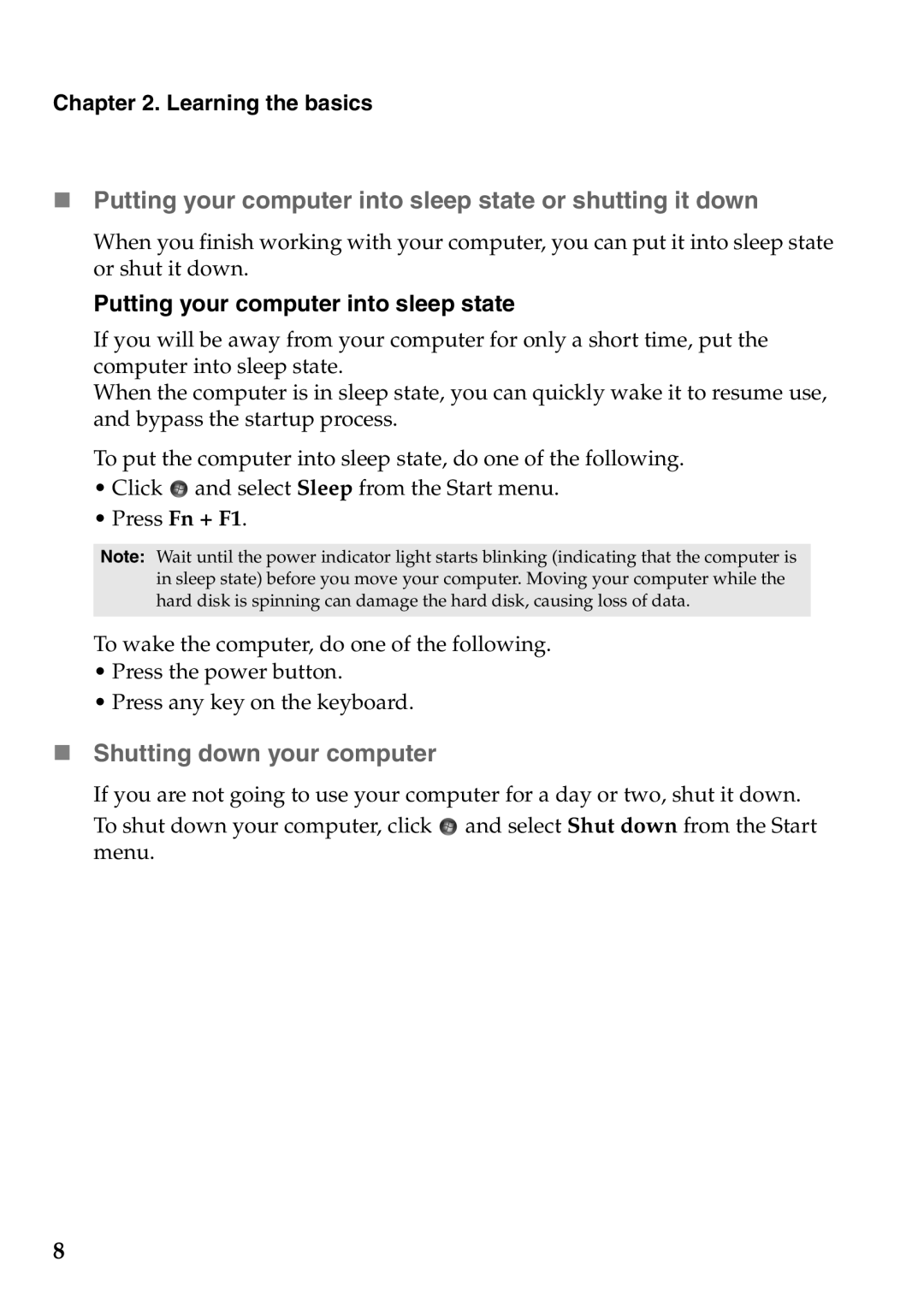 Lenovo S100 manual „ Shutting down your computer, Learning the basics 