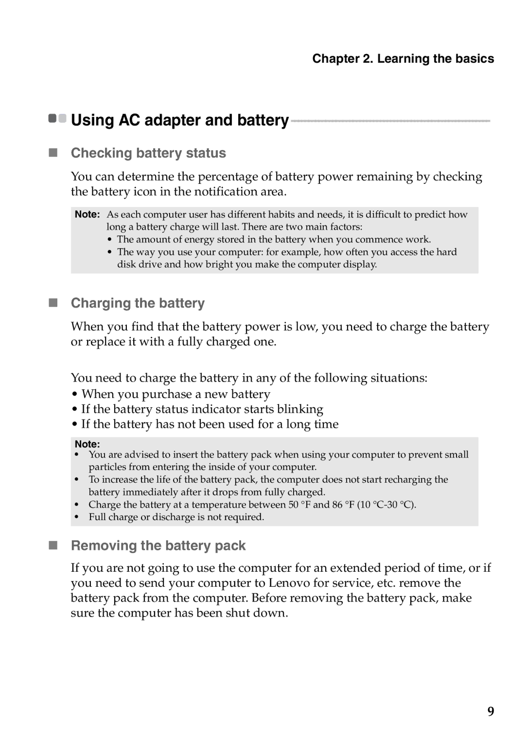 Lenovo S100 manual „ Checking battery status, „ Charging the battery, „ Removing the battery pack 