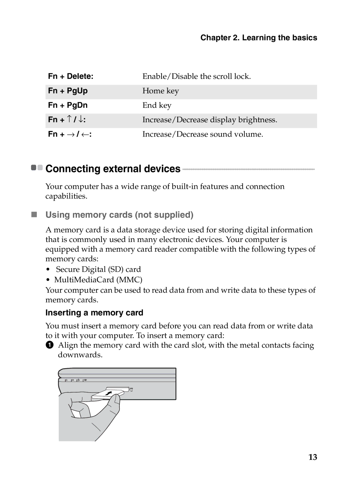 Lenovo S100 manual „ Using memory cards not supplied, Connecting external devices 