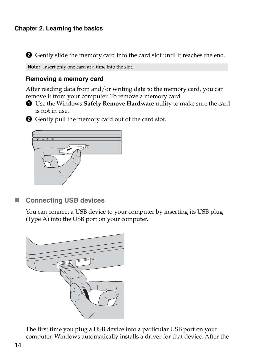 Lenovo S100 manual „ Connecting USB devices, Removing a memory card 