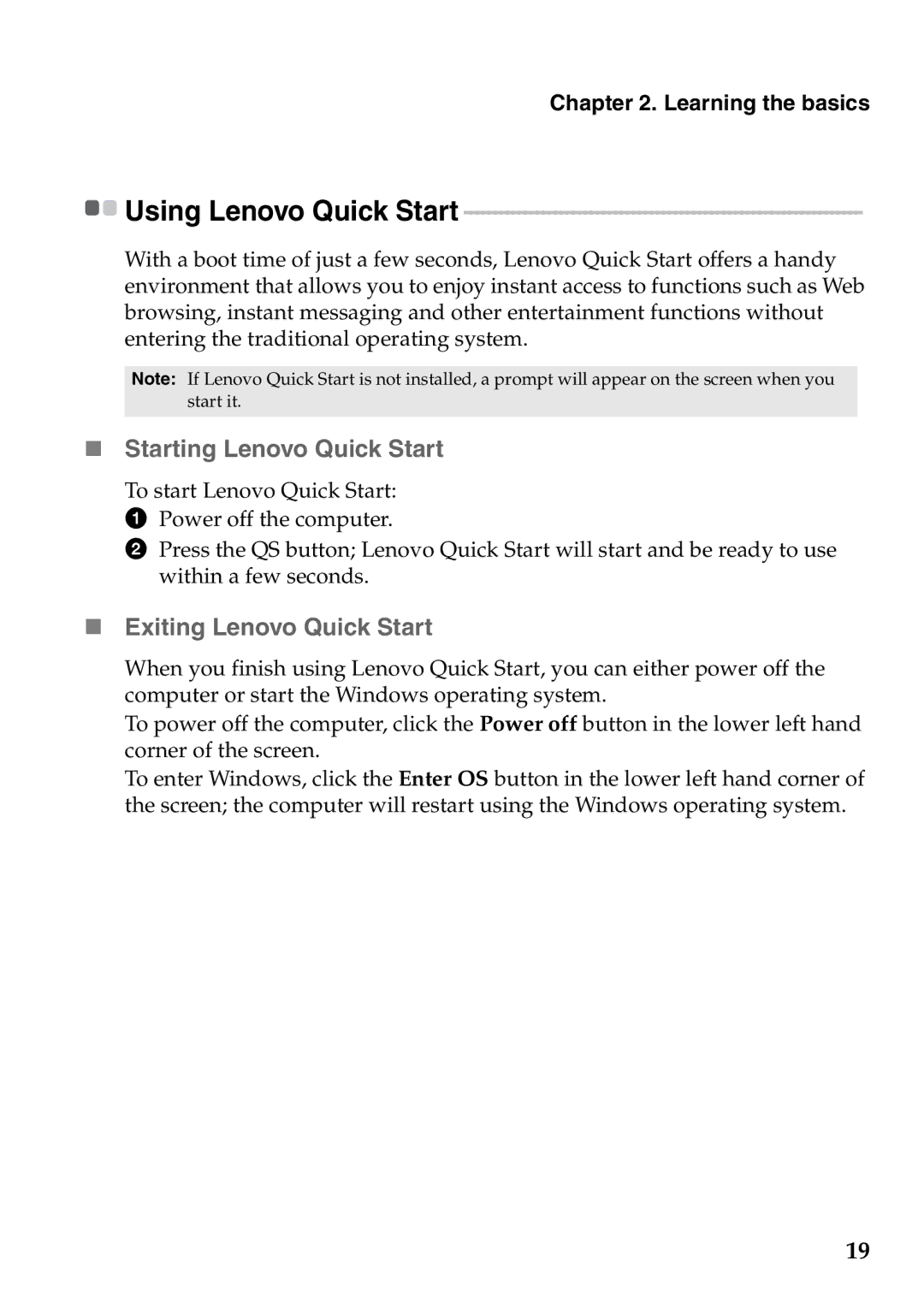 Lenovo S100 manual „ Starting Lenovo Quick Start, „ Exiting Lenovo Quick Start, Using Lenovo Quick Start 