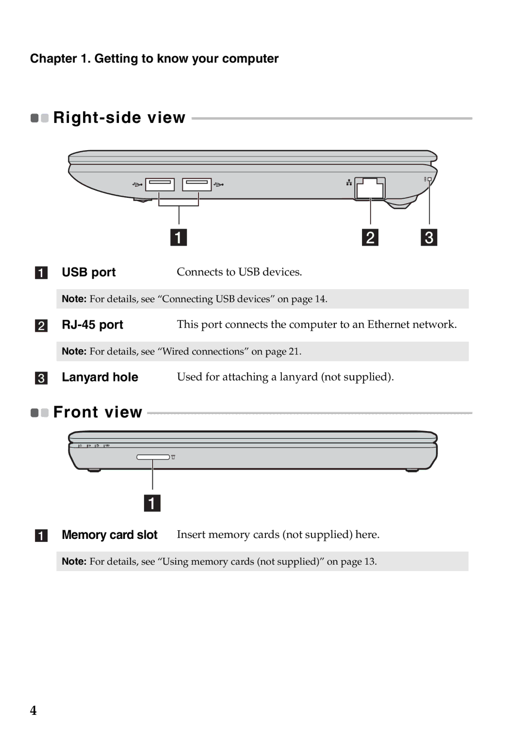 Lenovo S100 manual Right-side view, RJ-45 port, Lanyard hole 