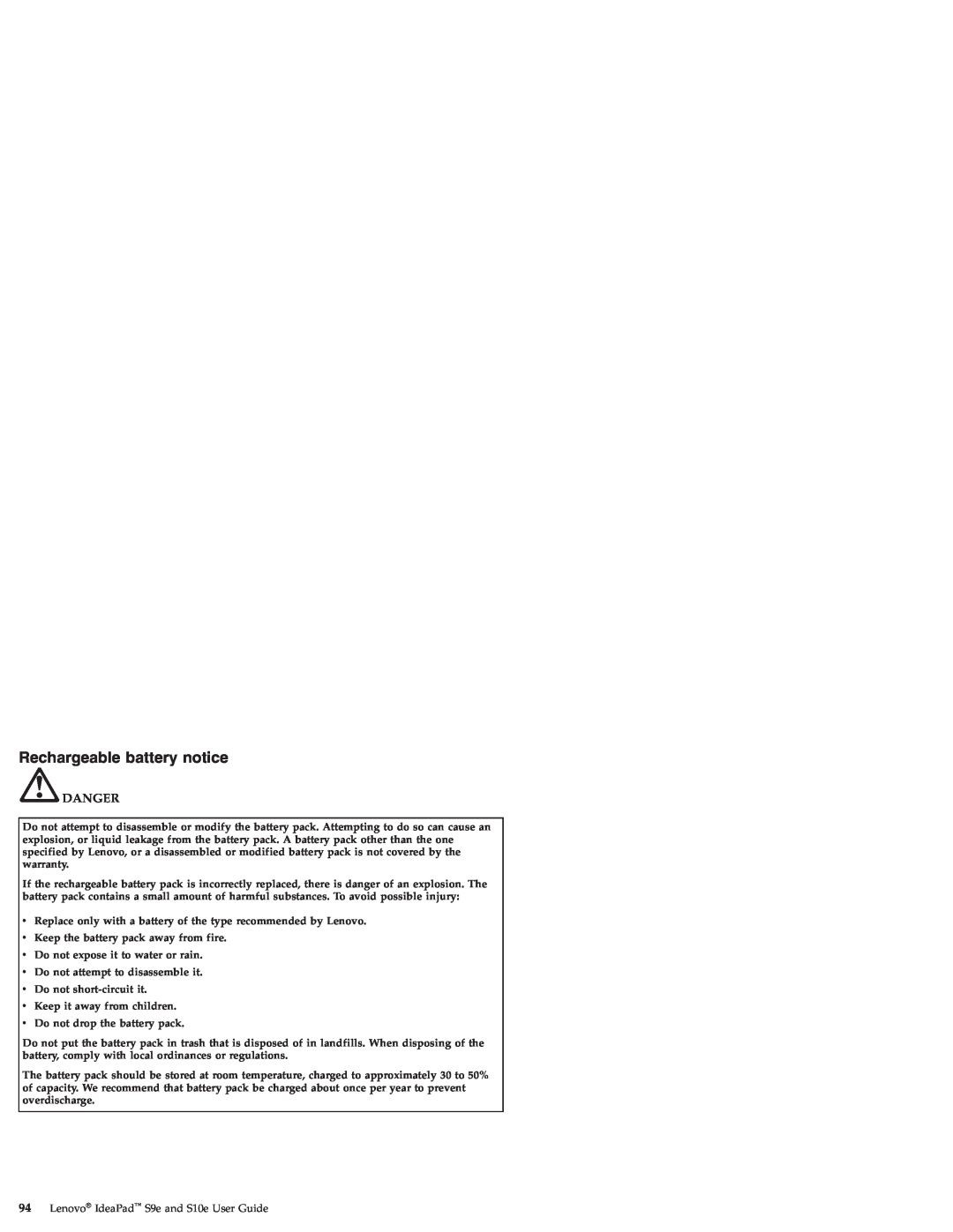 Lenovo S10E, S9E manual Rechargeable battery notice, Danger, Lenovo IdeaPad S9e and S10e User Guide 