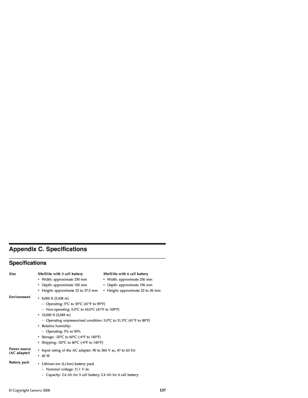 Lenovo S9E, S10E manual Appendix C. Specifications 