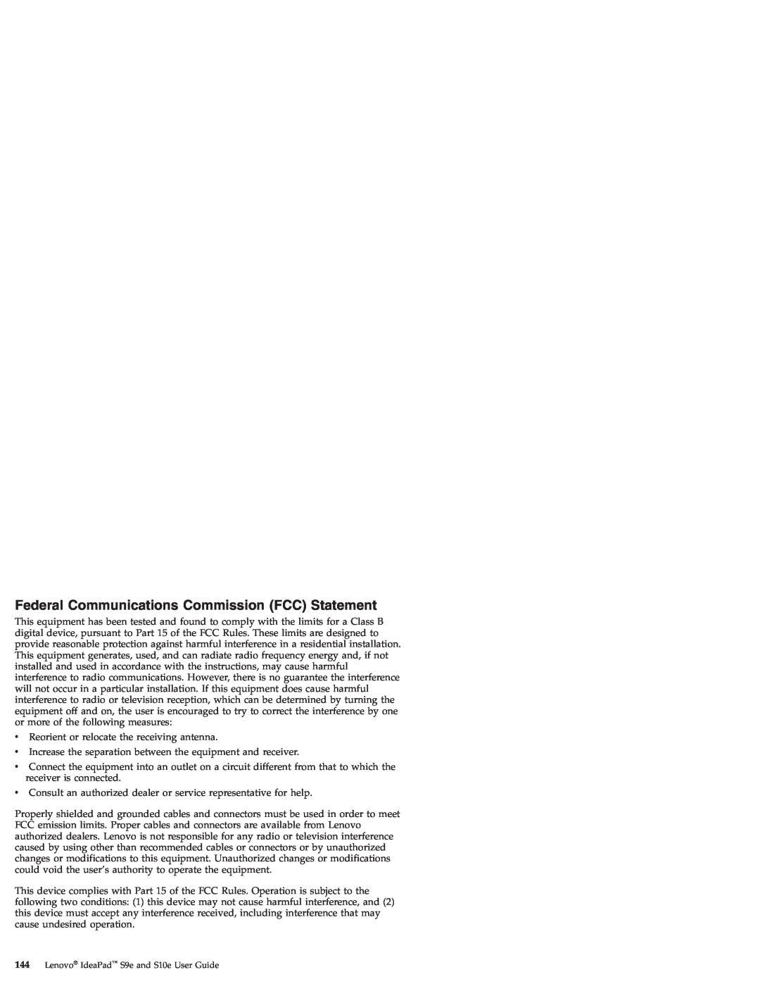Lenovo S10E, S9E manual Federal Communications Commission FCC Statement 