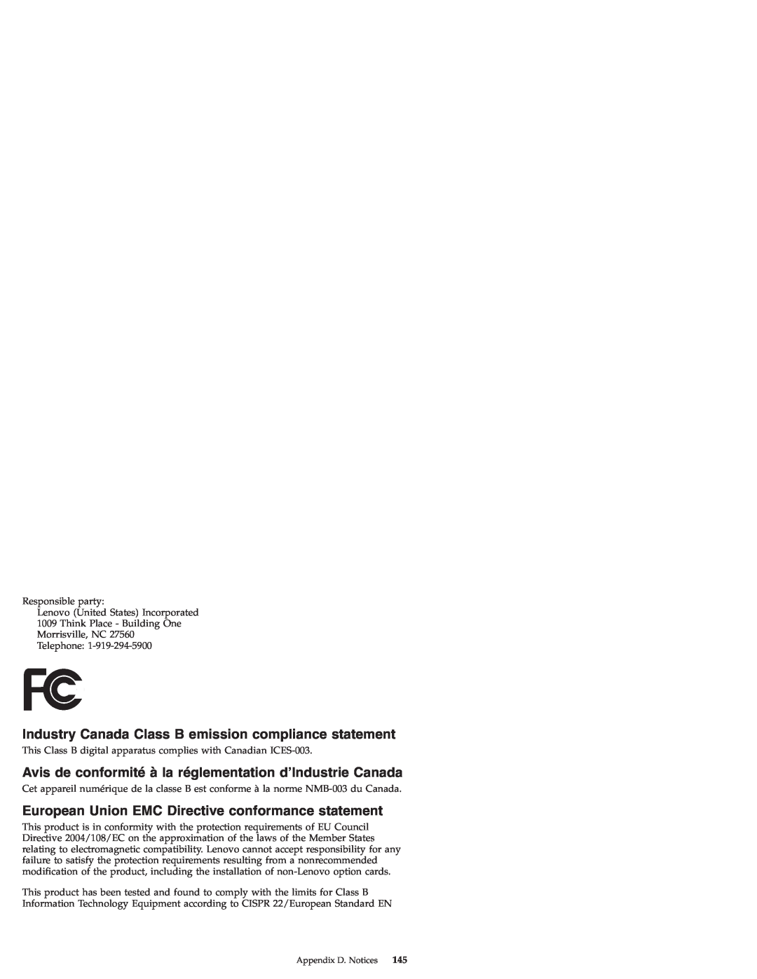 Lenovo S9E, S10E Industry Canada Class B emission compliance statement, European Union EMC Directive conformance statement 