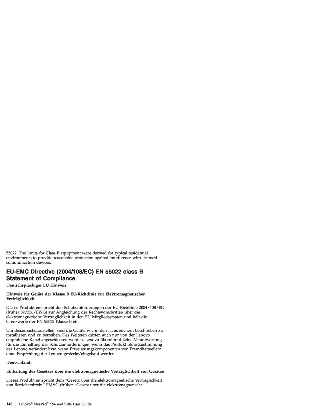 Lenovo S10E, S9E manual EU-EMC Directive 2004/108/EC EN 55022 class B Statement of Compliance, Deutschsprachiger EU Hinweis 