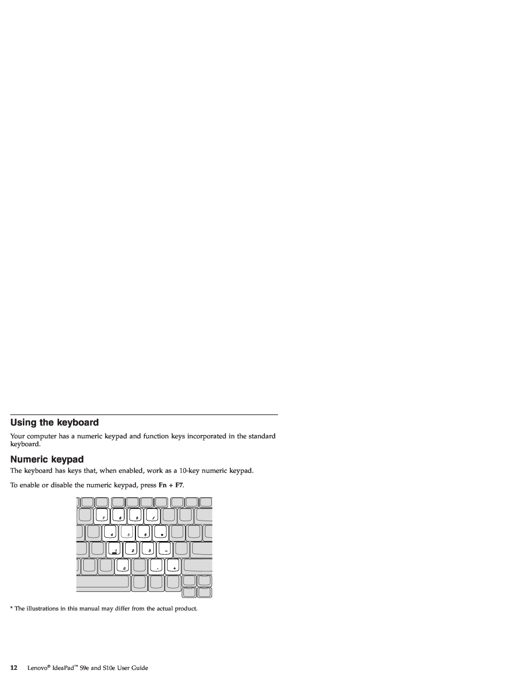 Lenovo S10E, S9E manual Using the keyboard, Numeric keypad 