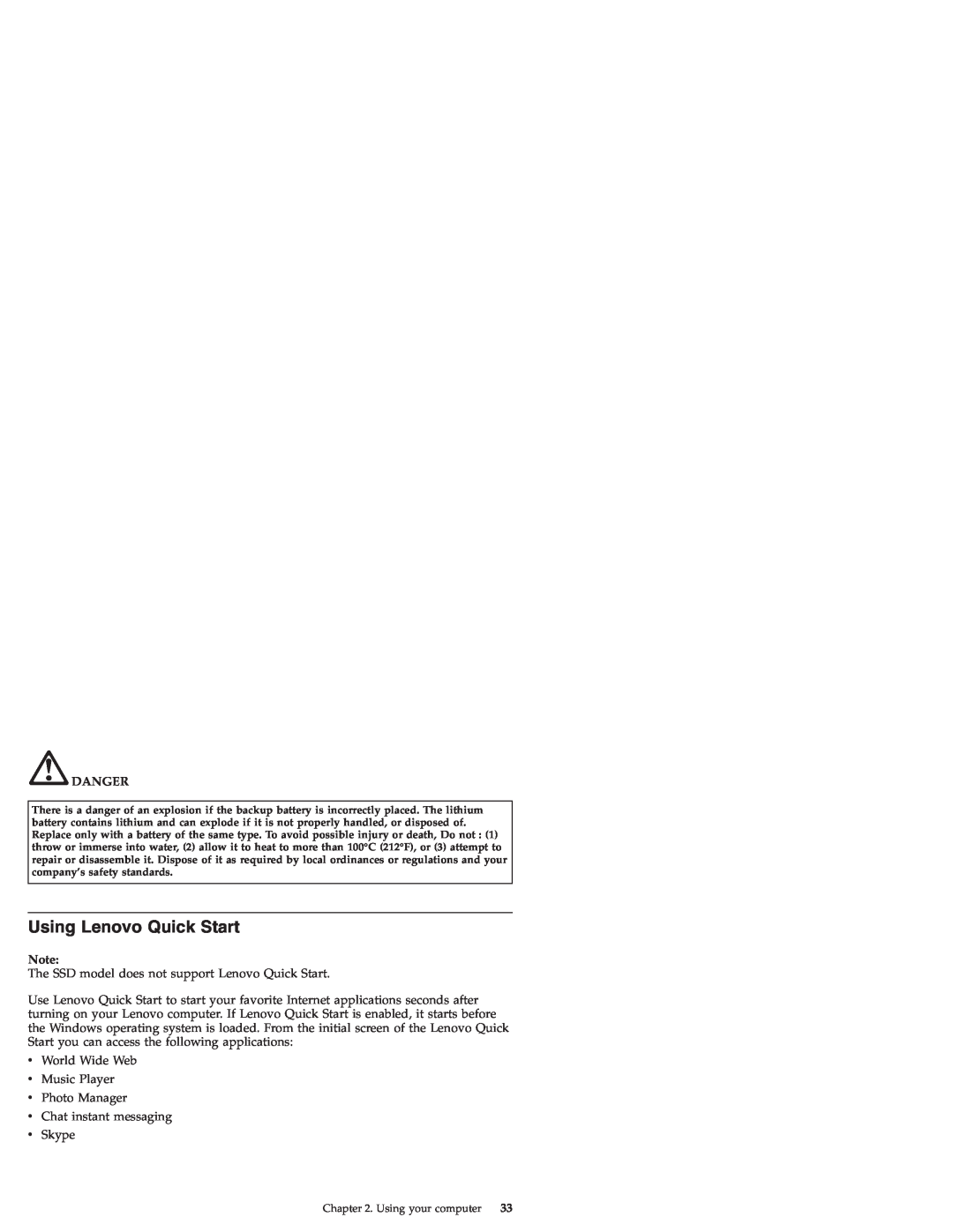 Lenovo S9E, S10E manual Using Lenovo Quick Start, Danger 