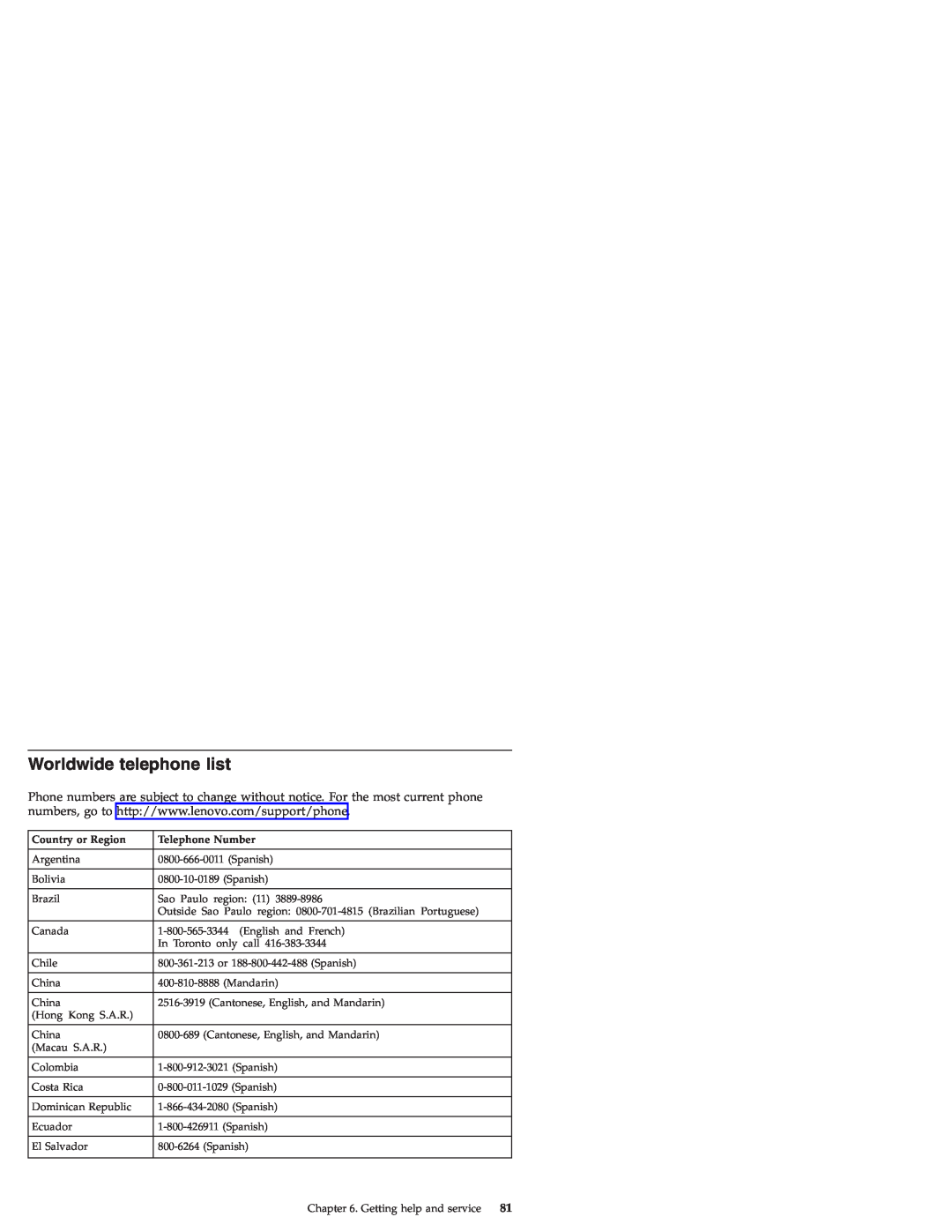 Lenovo S9E, S10E manual Worldwide telephone list, Country or Region, Telephone Number 