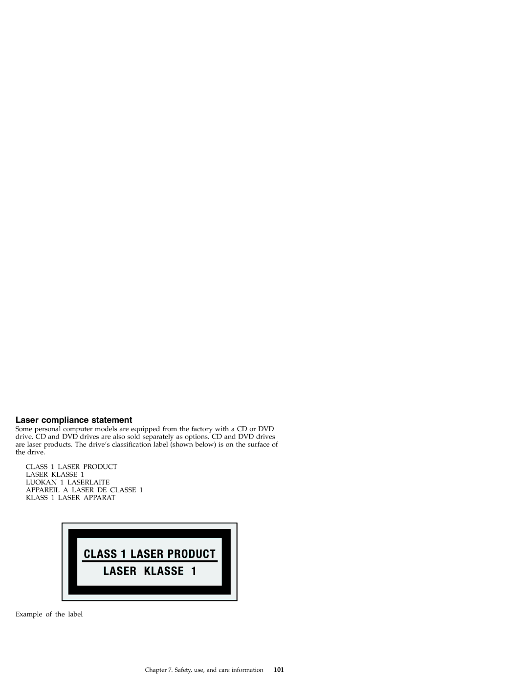 Lenovo S9E, S10E manual Laser compliance statement, 101 