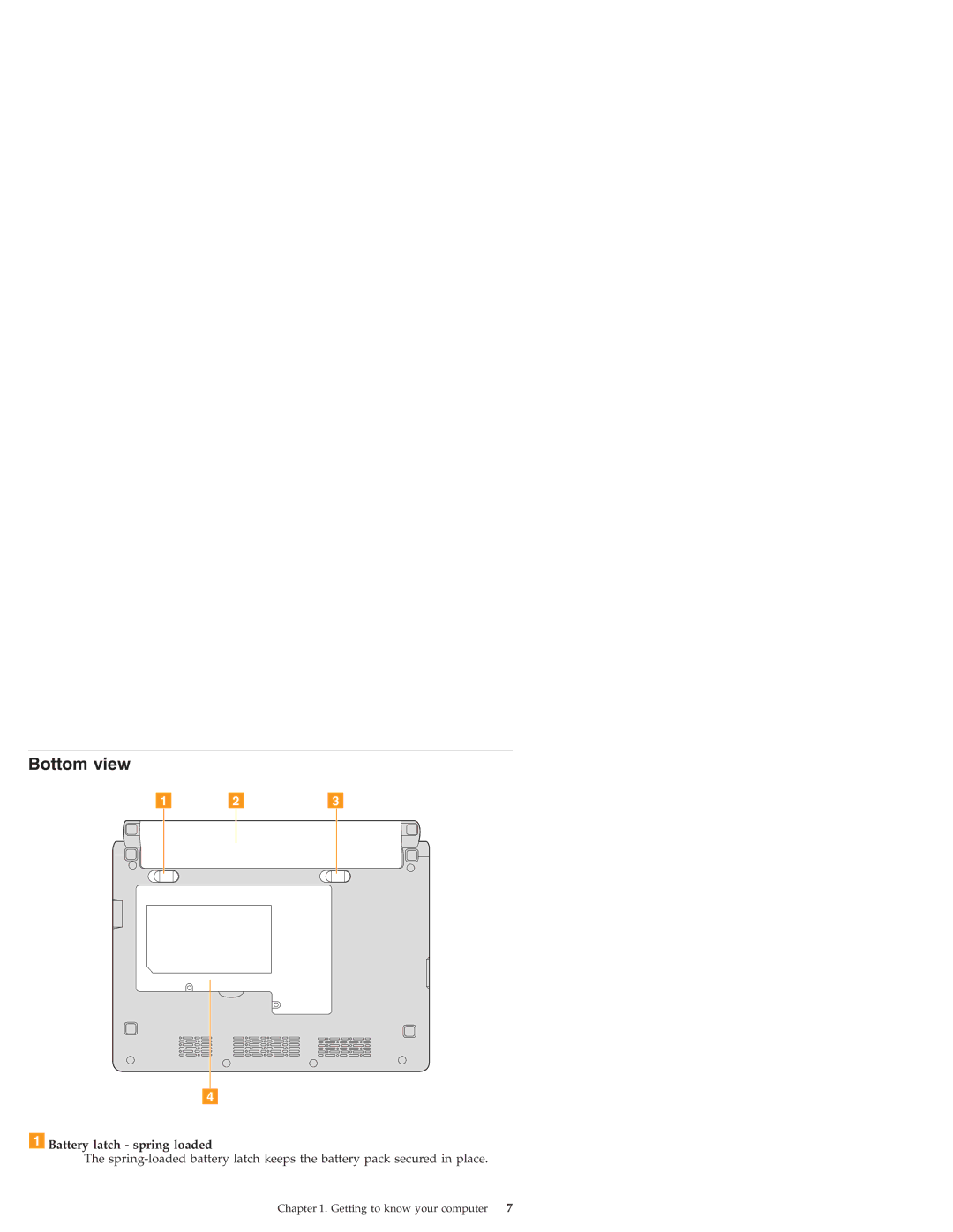 Lenovo S9E, S10E manual Bottom view, Battery latch spring loaded 