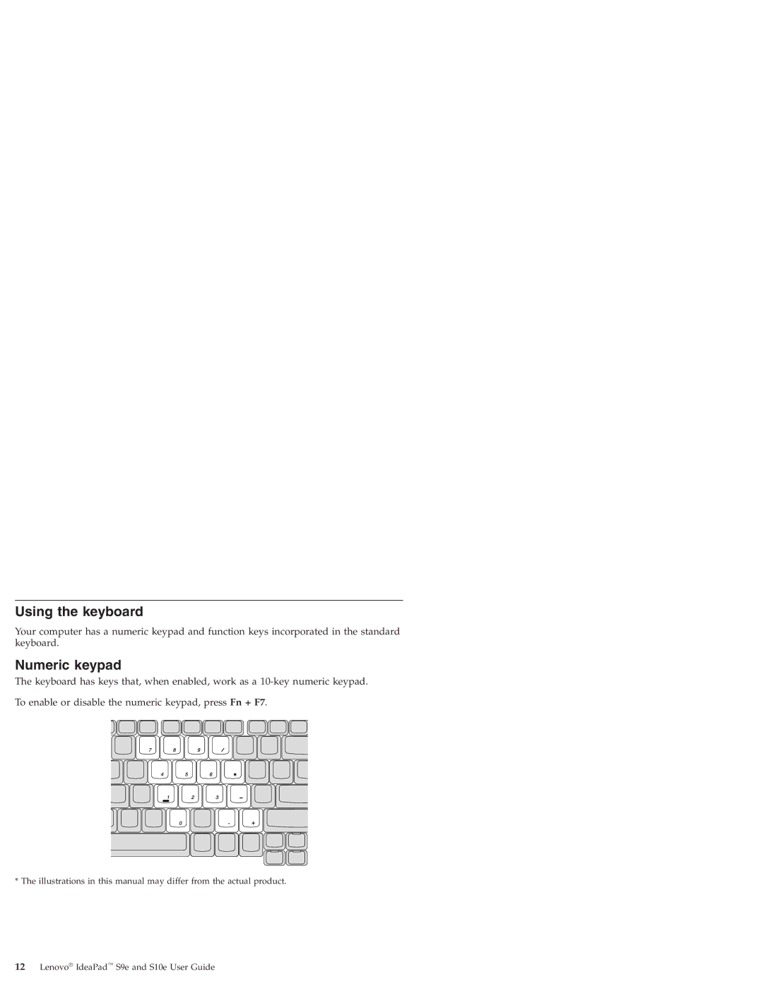 Lenovo S10E, S9E manual Using the keyboard, Numeric keypad 