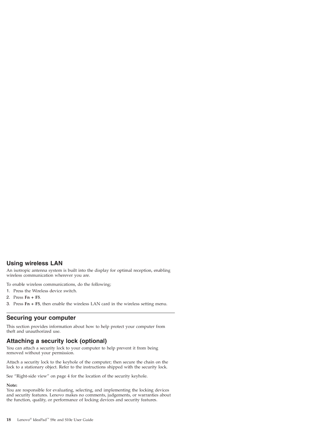 Lenovo S10E, S9E manual Using wireless LAN, Securing your computer, Attaching a security lock optional 