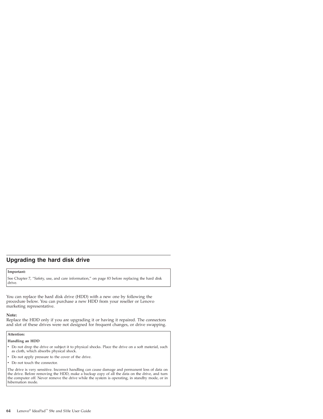 Lenovo S10E, S9E manual Upgrading the hard disk drive, Handling an HDD 
