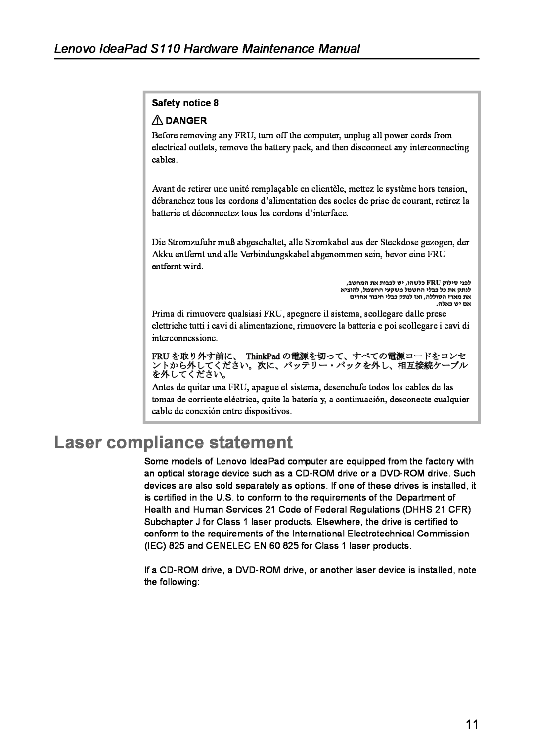 Lenovo manual Laser compliance statement, Lenovo IdeaPad S110 Hardware Maintenance Manual, Safety notice DANGER 