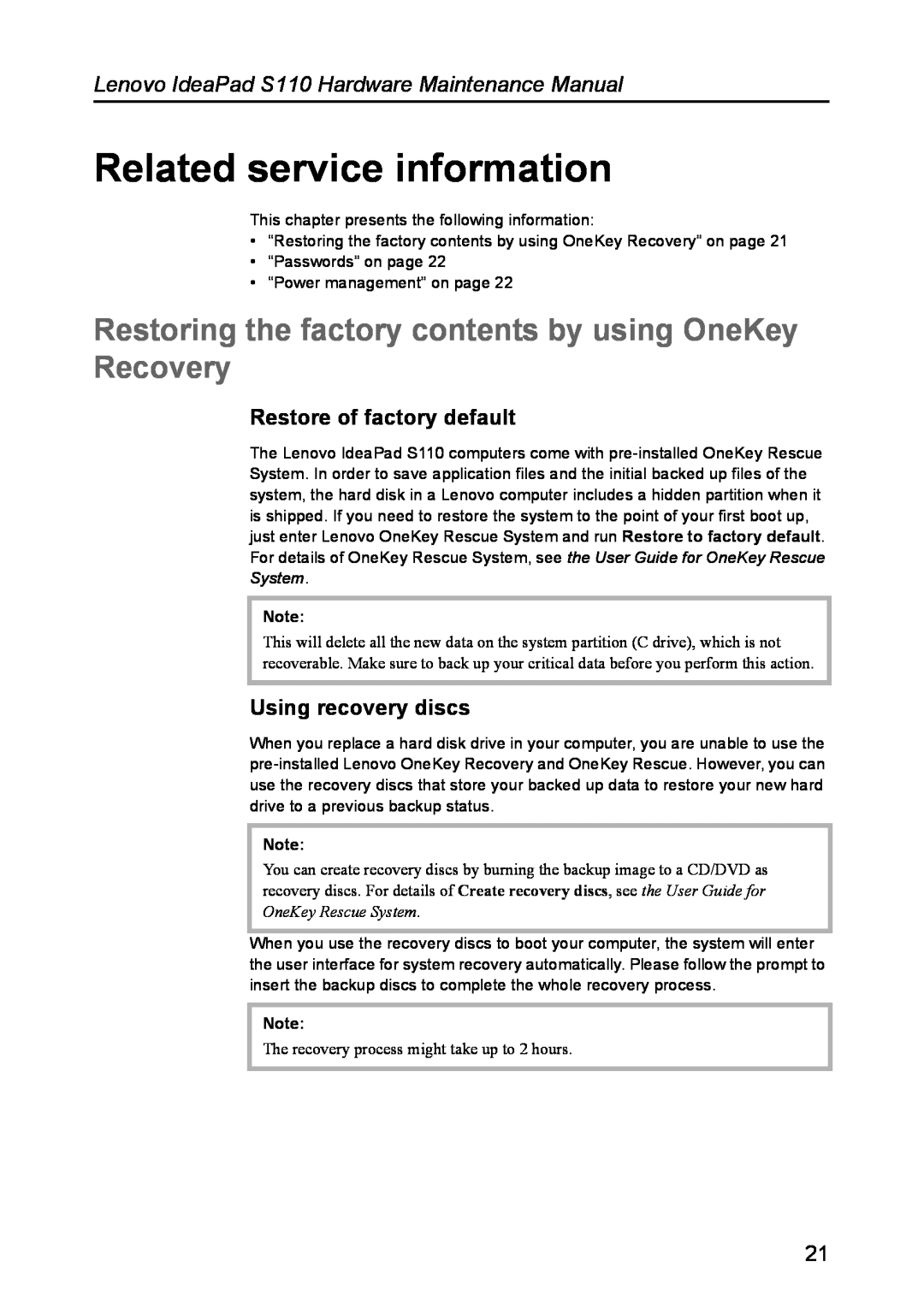 Lenovo S110 Related service information, Restoring the factory contents by using OneKey Recovery, Using recovery discs 