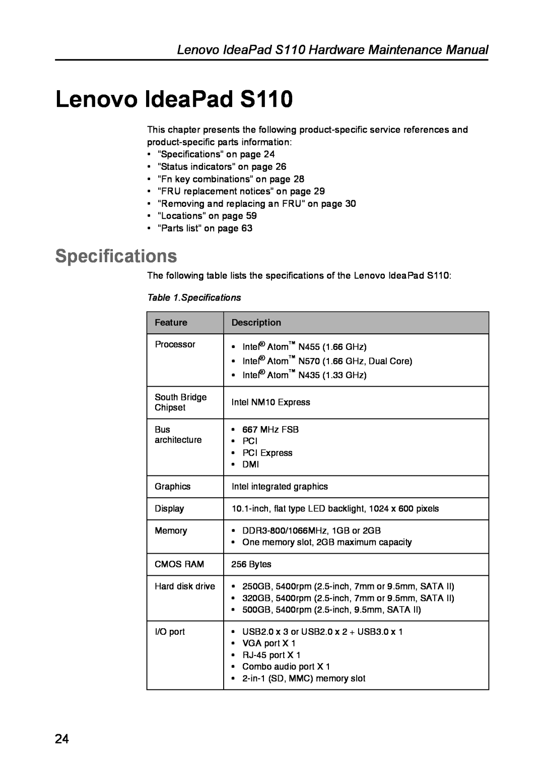 Lenovo manual Specifications, Lenovo IdeaPad S110 Hardware Maintenance Manual 