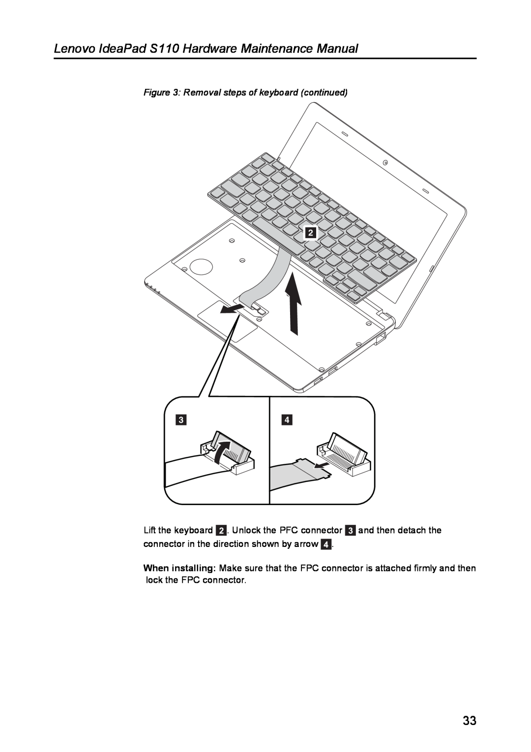 Lenovo manual Removal steps of keyboard continued, Lenovo IdeaPad S110 Hardware Maintenance Manual 