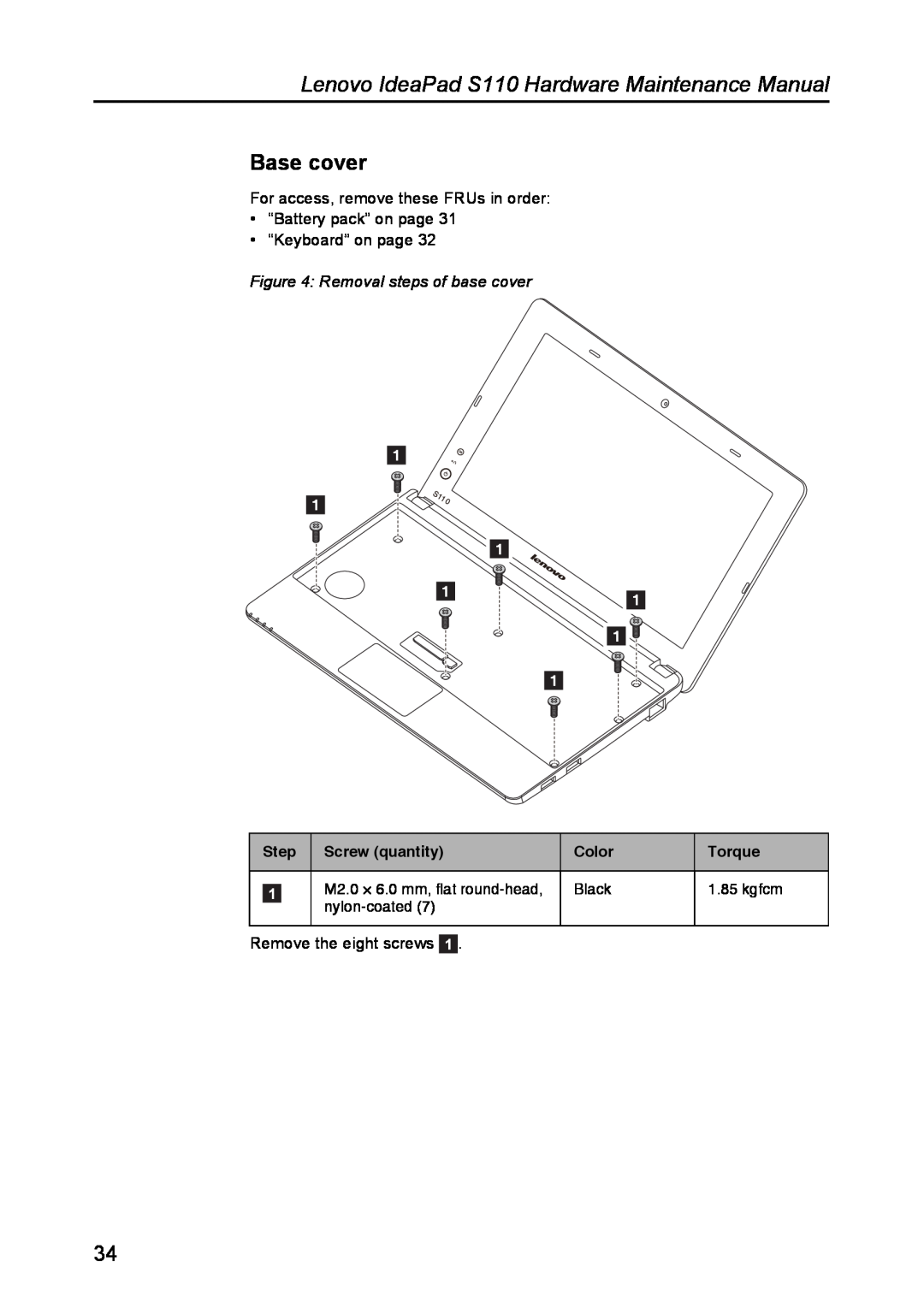 Lenovo Base cover, Removal steps of base cover, Lenovo IdeaPad S110 Hardware Maintenance Manual, Step, Screw quantity 