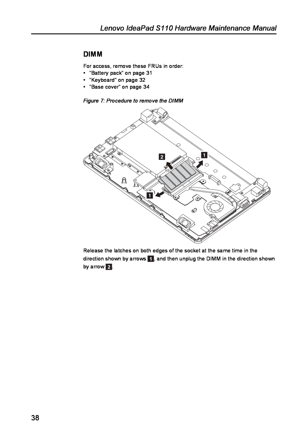 Lenovo manual Dimm, Procedure to remove the DIMM, Lenovo IdeaPad S110 Hardware Maintenance Manual 