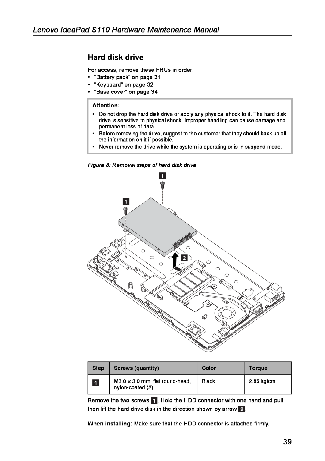 Lenovo manual Hard disk drive, Removal steps of hard disk drive, Lenovo IdeaPad S110 Hardware Maintenance Manual 