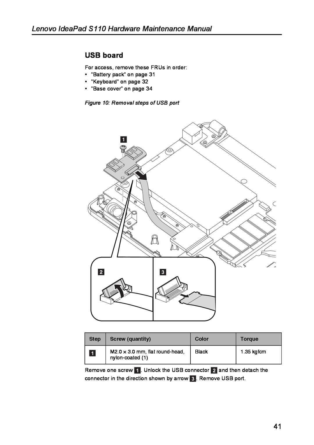 Lenovo manual USB board, Removal steps of USB port, Lenovo IdeaPad S110 Hardware Maintenance Manual 