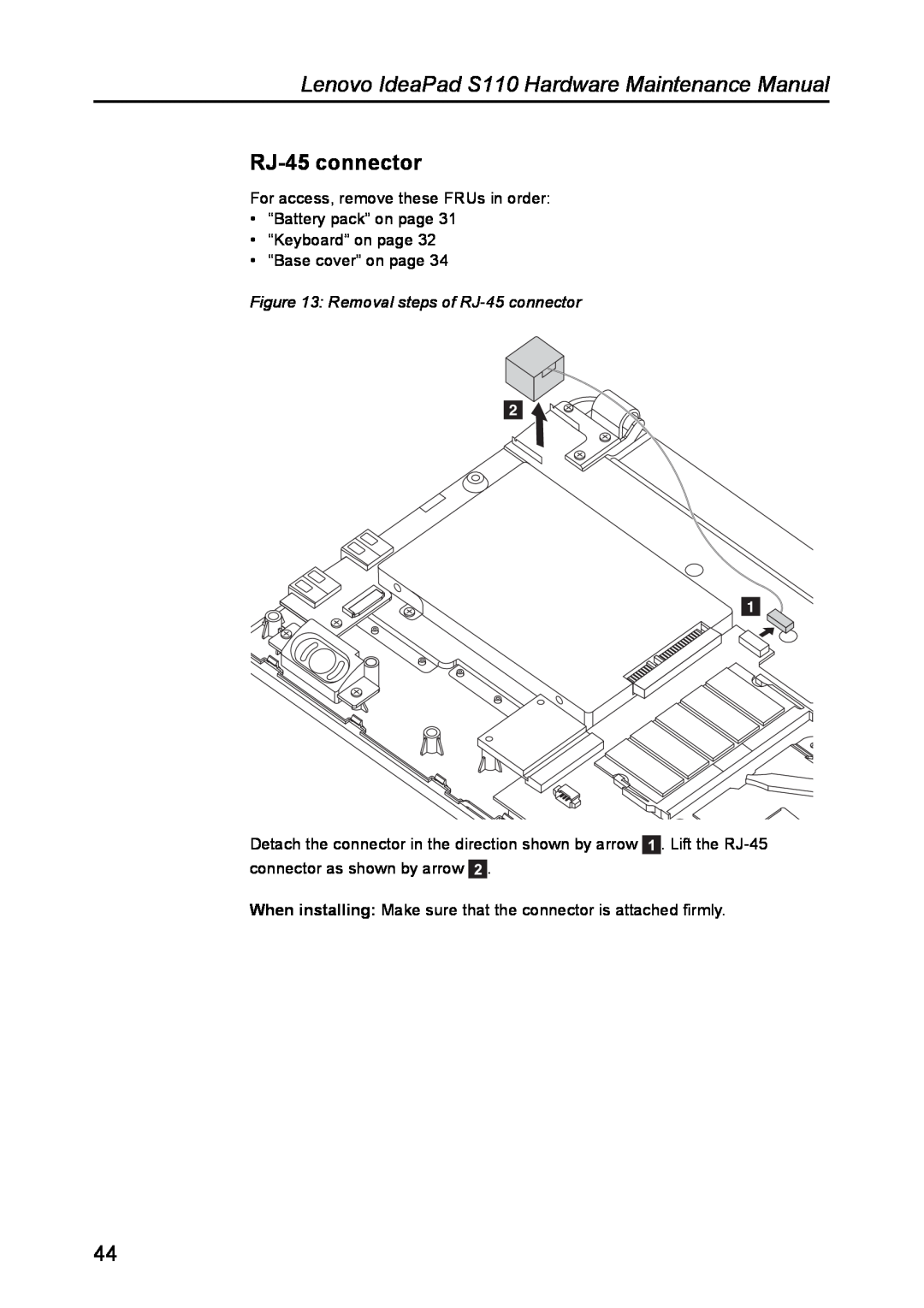 Lenovo manual Removal steps of RJ-45 connector, Lenovo IdeaPad S110 Hardware Maintenance Manual 