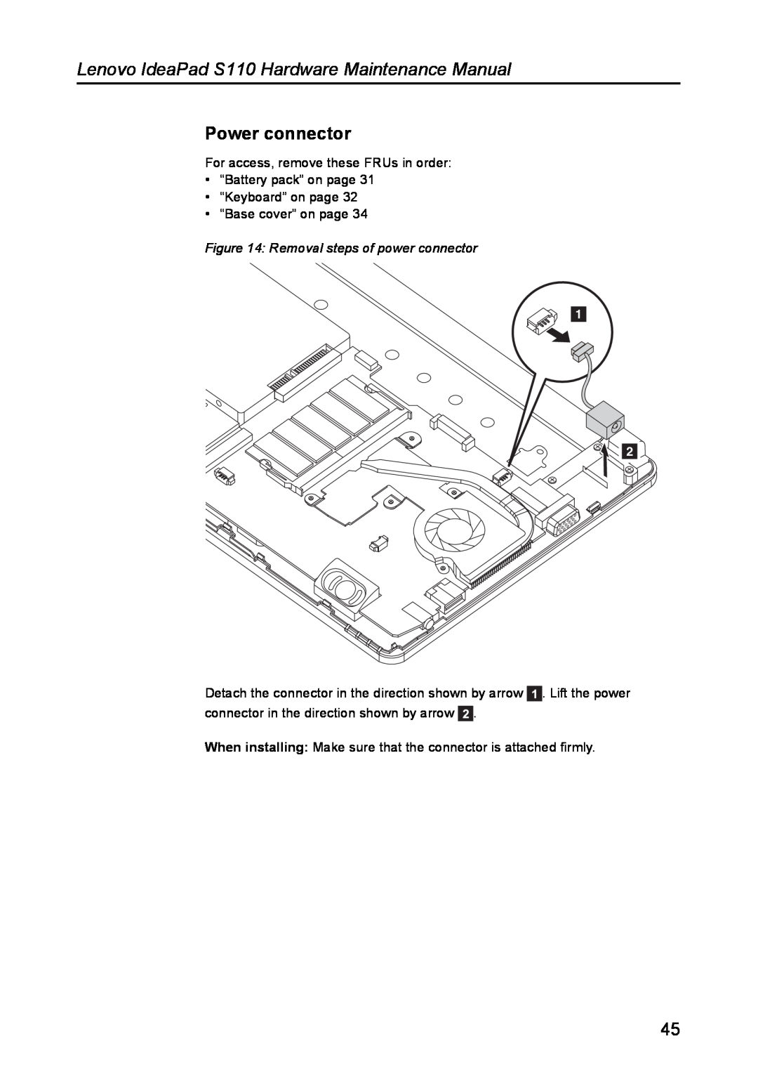 Lenovo manual Power connector, Removal steps of power connector, Lenovo IdeaPad S110 Hardware Maintenance Manual 