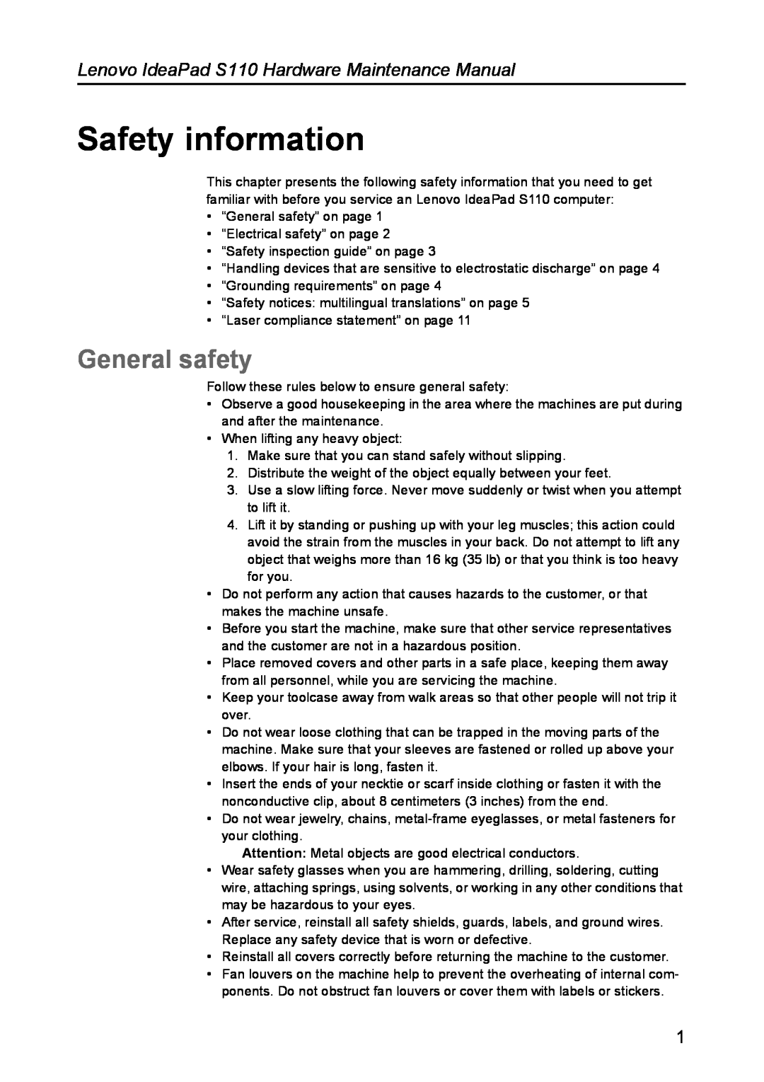 Lenovo manual Safety information, General safety, Lenovo IdeaPad S110 Hardware Maintenance Manual 