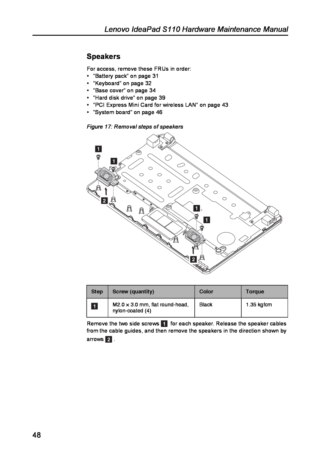 Lenovo manual Speakers, Removal steps of speakers, Lenovo IdeaPad S110 Hardware Maintenance Manual 