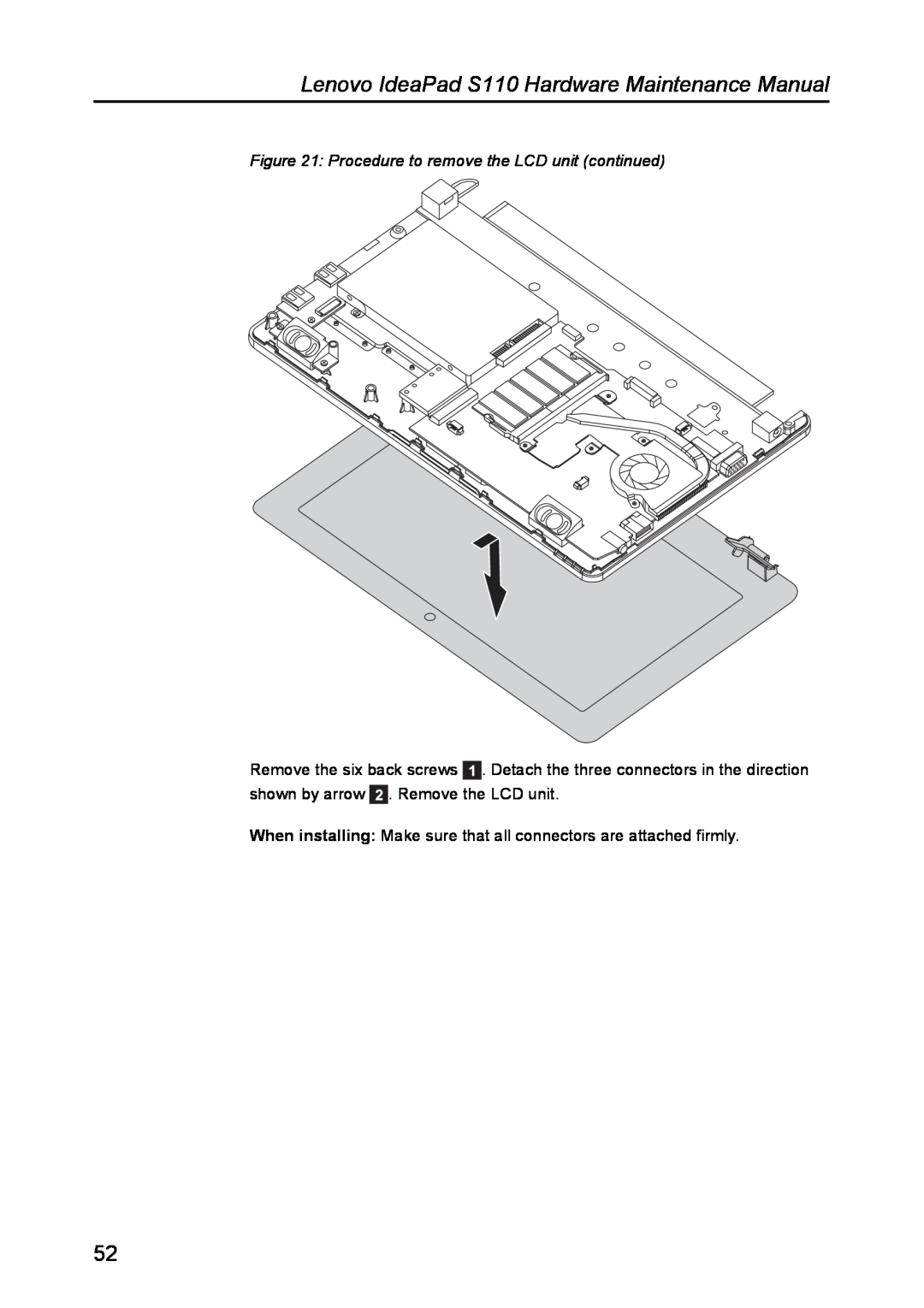 Lenovo manual Procedure to remove the LCD unit continued, Lenovo IdeaPad S110 Hardware Maintenance Manual 