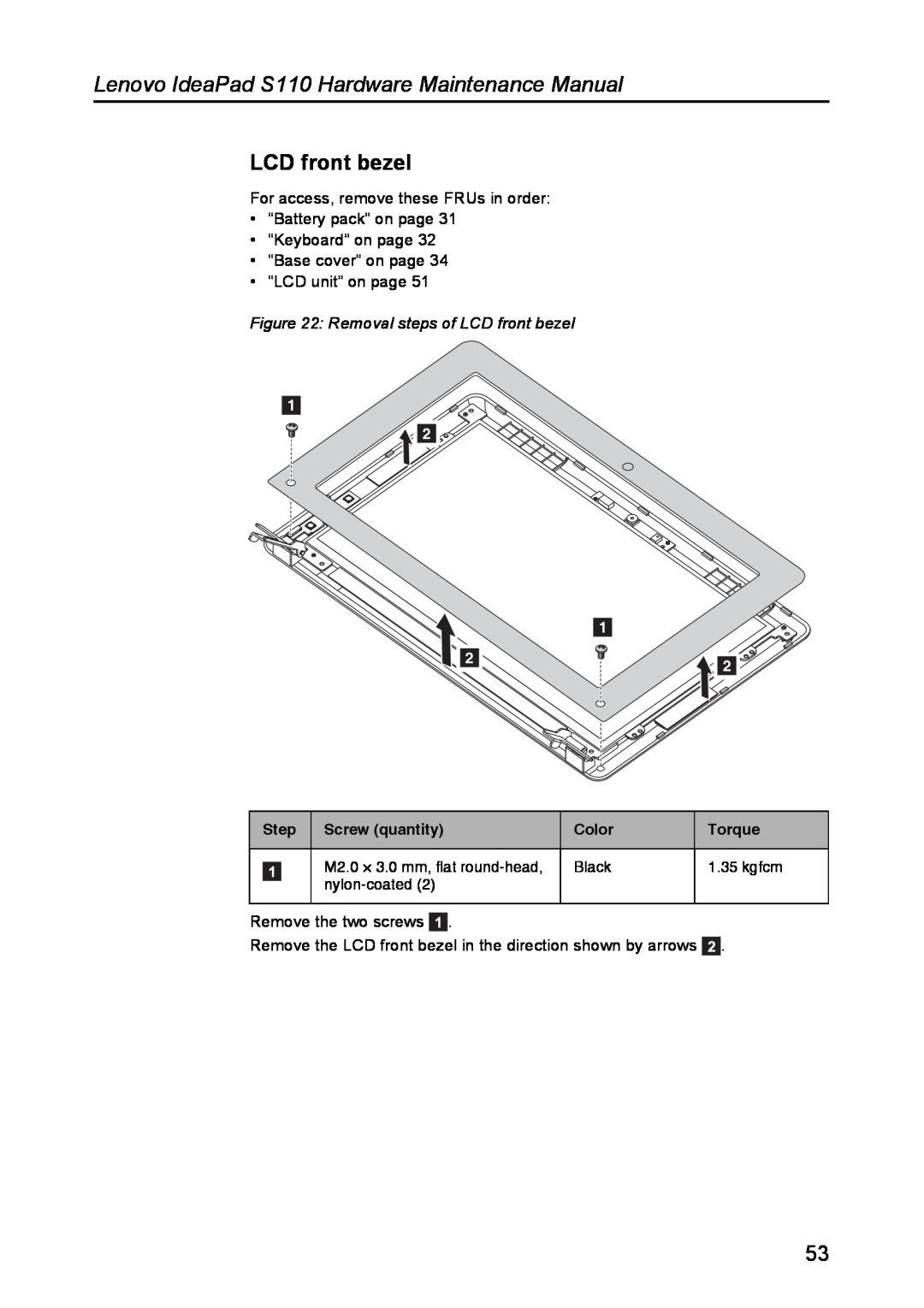 Lenovo Removal steps of LCD front bezel, Lenovo IdeaPad S110 Hardware Maintenance Manual, Step, Screw quantity 