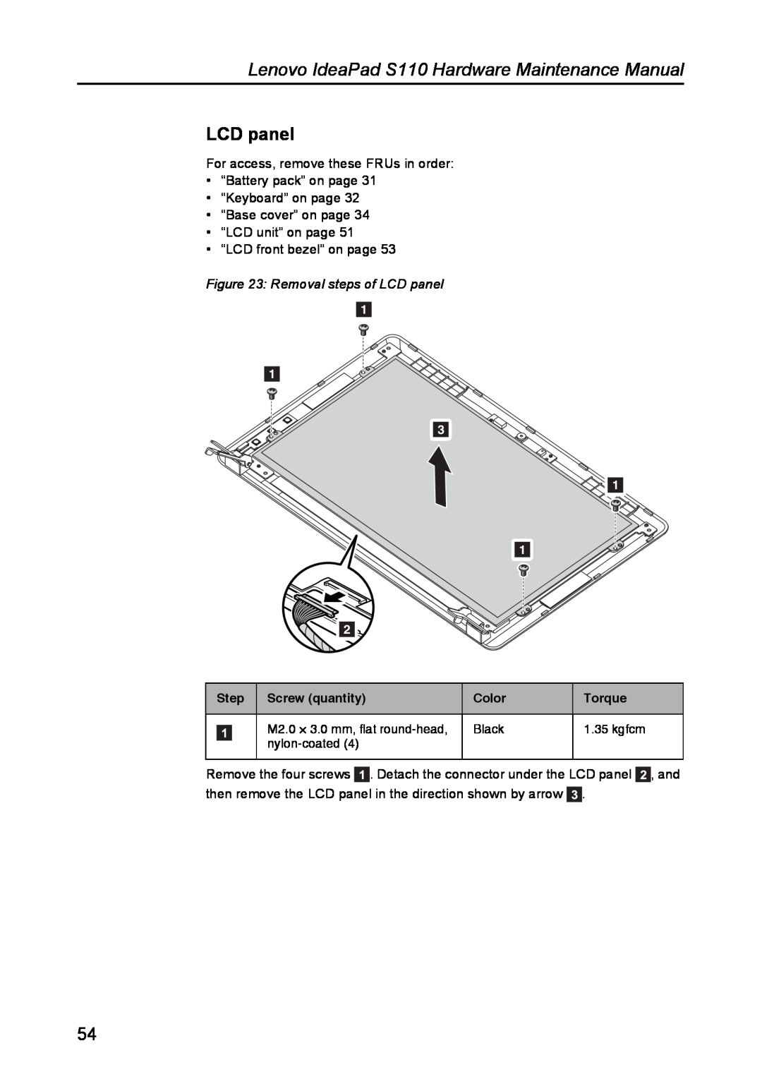 Lenovo manual Removal steps of LCD panel, Lenovo IdeaPad S110 Hardware Maintenance Manual 