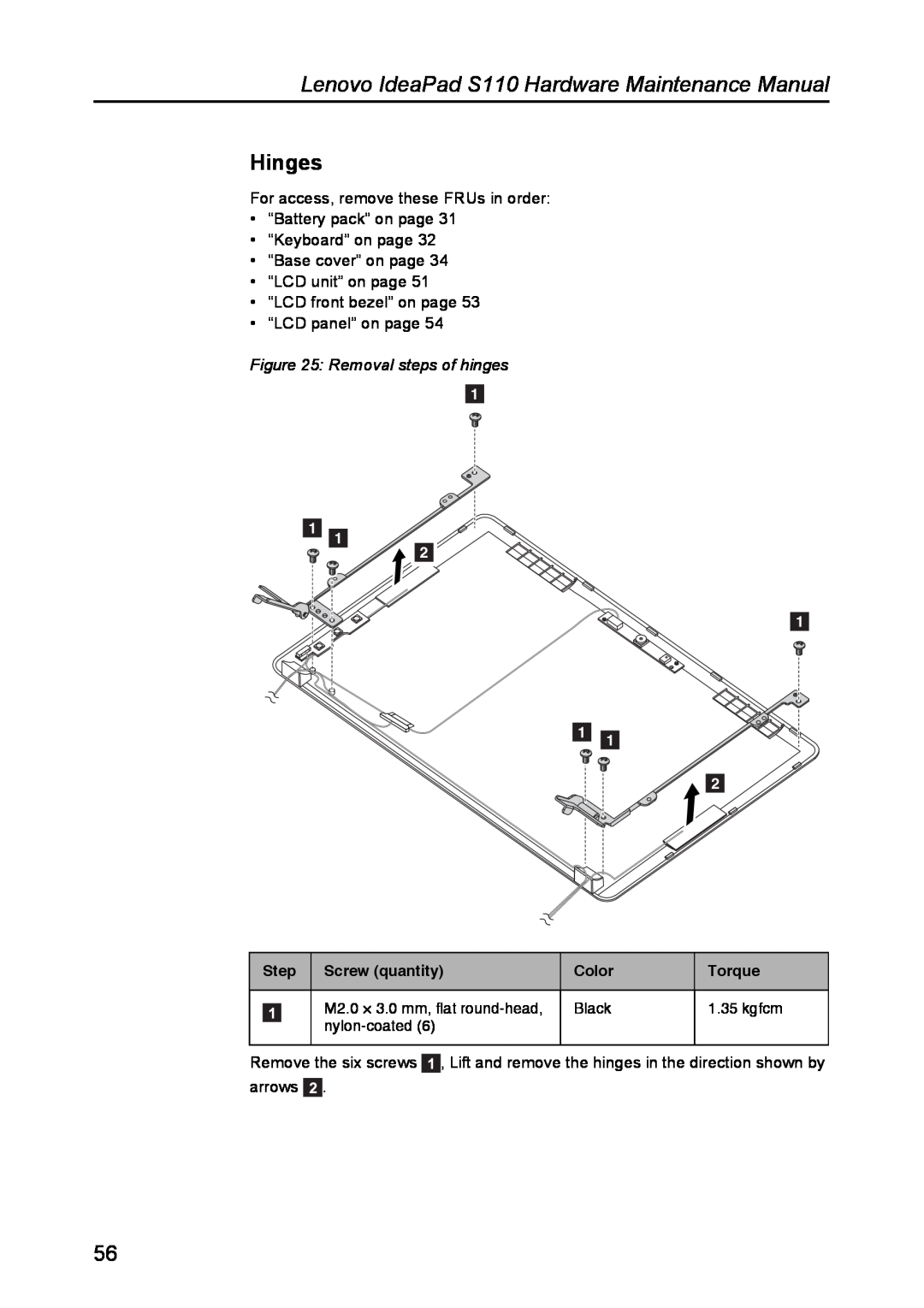 Lenovo manual Hinges, Removal steps of hinges, Lenovo IdeaPad S110 Hardware Maintenance Manual 