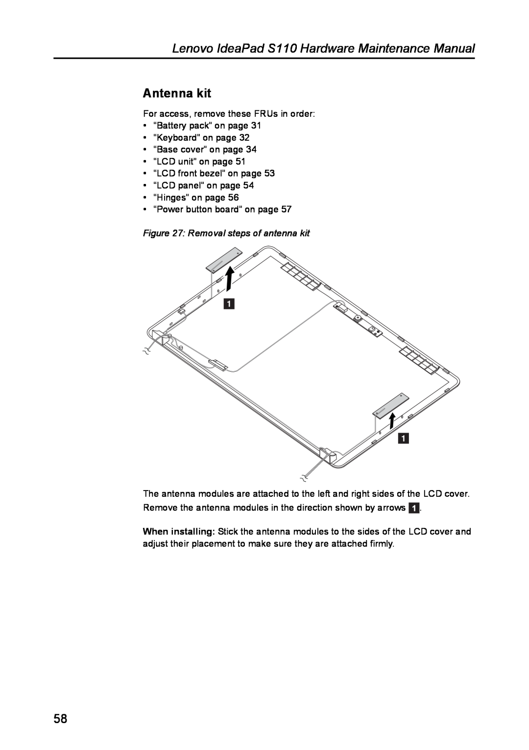 Lenovo manual Antenna kit, Removal steps of antenna kit, Lenovo IdeaPad S110 Hardware Maintenance Manual 