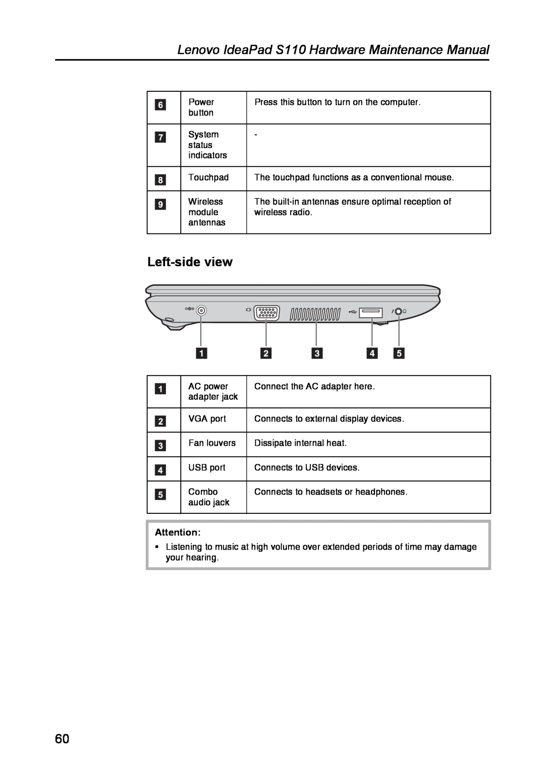 Lenovo manual Left-side view, Lenovo IdeaPad S110 Hardware Maintenance Manual 