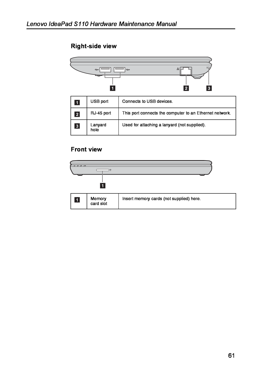 Lenovo manual Right-side view, Front view, Lenovo IdeaPad S110 Hardware Maintenance Manual 
