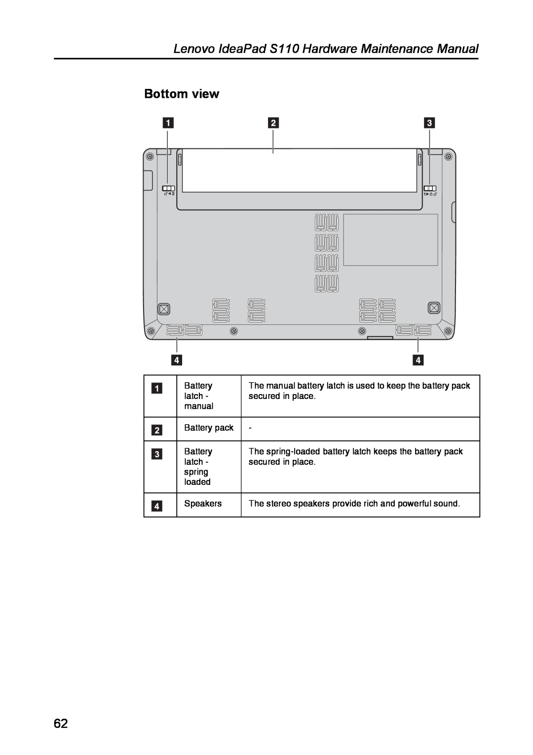 Lenovo manual Bottom view, Lenovo IdeaPad S110 Hardware Maintenance Manual 