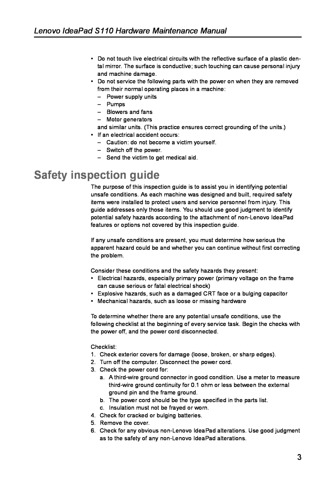 Lenovo manual Safety inspection guide, Lenovo IdeaPad S110 Hardware Maintenance Manual 