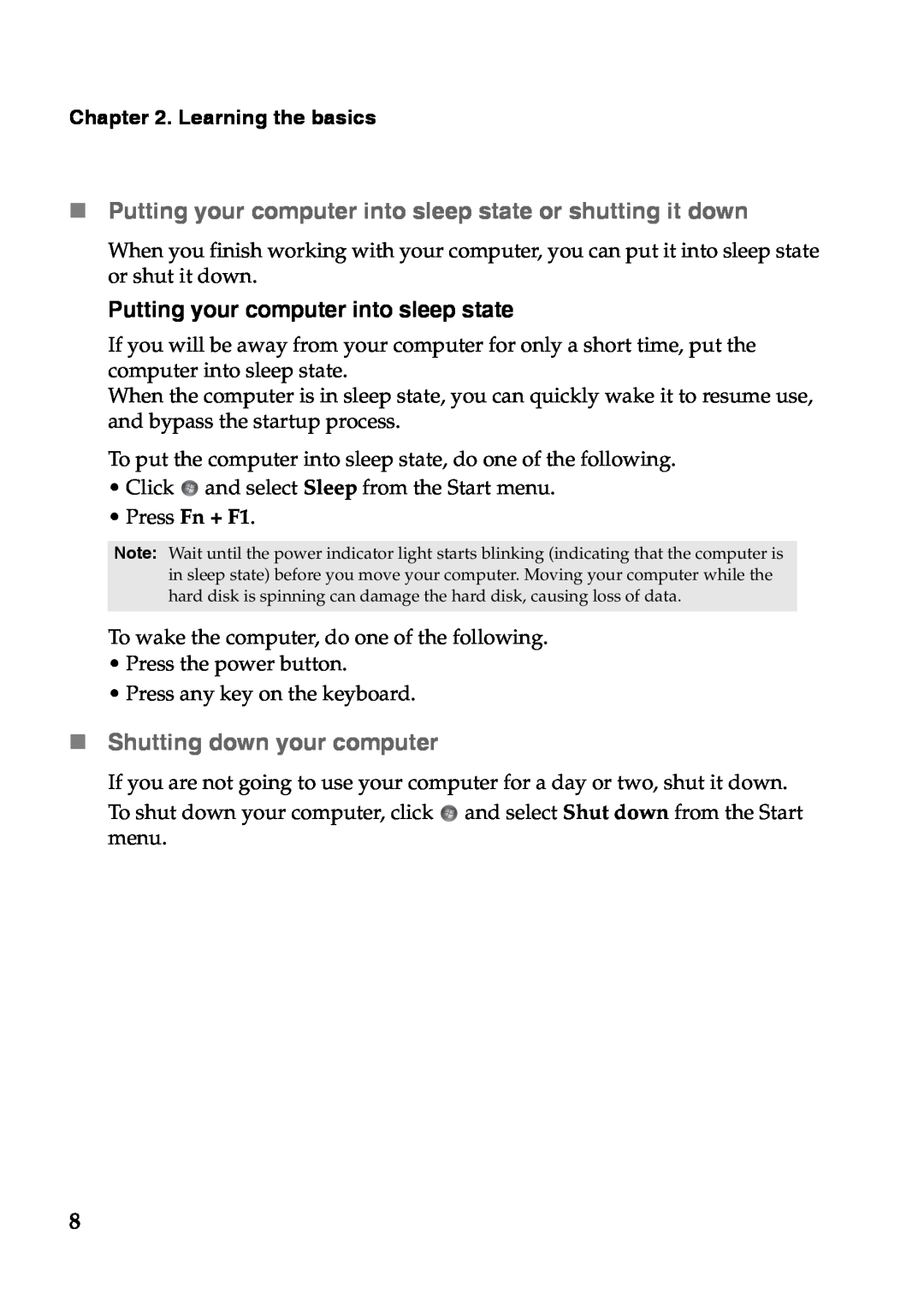 Lenovo S110 manual „Shutting down your computer, Putting your computer into sleep state, Learning the basics 