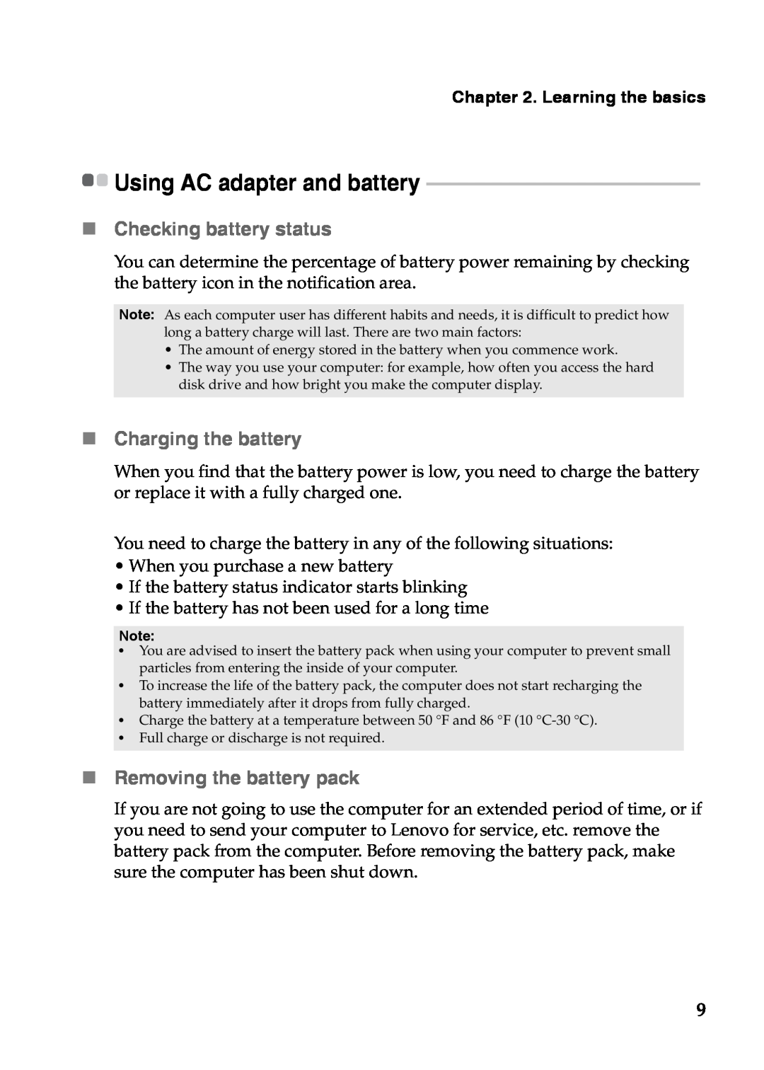 Lenovo S110 „Checking battery status, „Charging the battery, „Removing the battery pack, Using AC adapter and battery 
