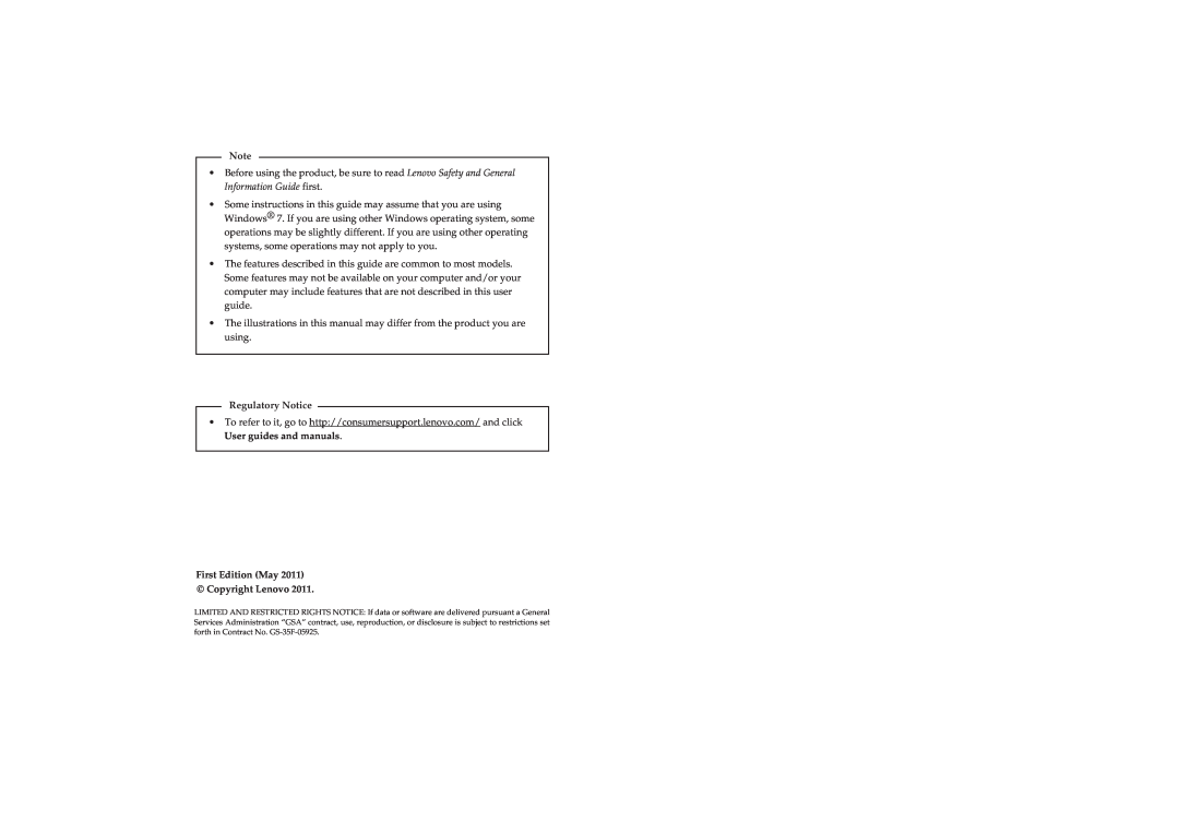 Lenovo S110 manual Regulatory Notice, First Edition May Copyright Lenovo 