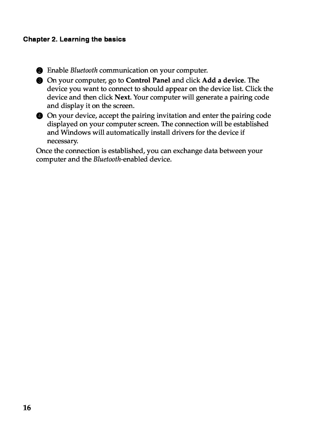 Lenovo S110 manual Learning the basics, 2Enable Bluetooth communication on your computer 