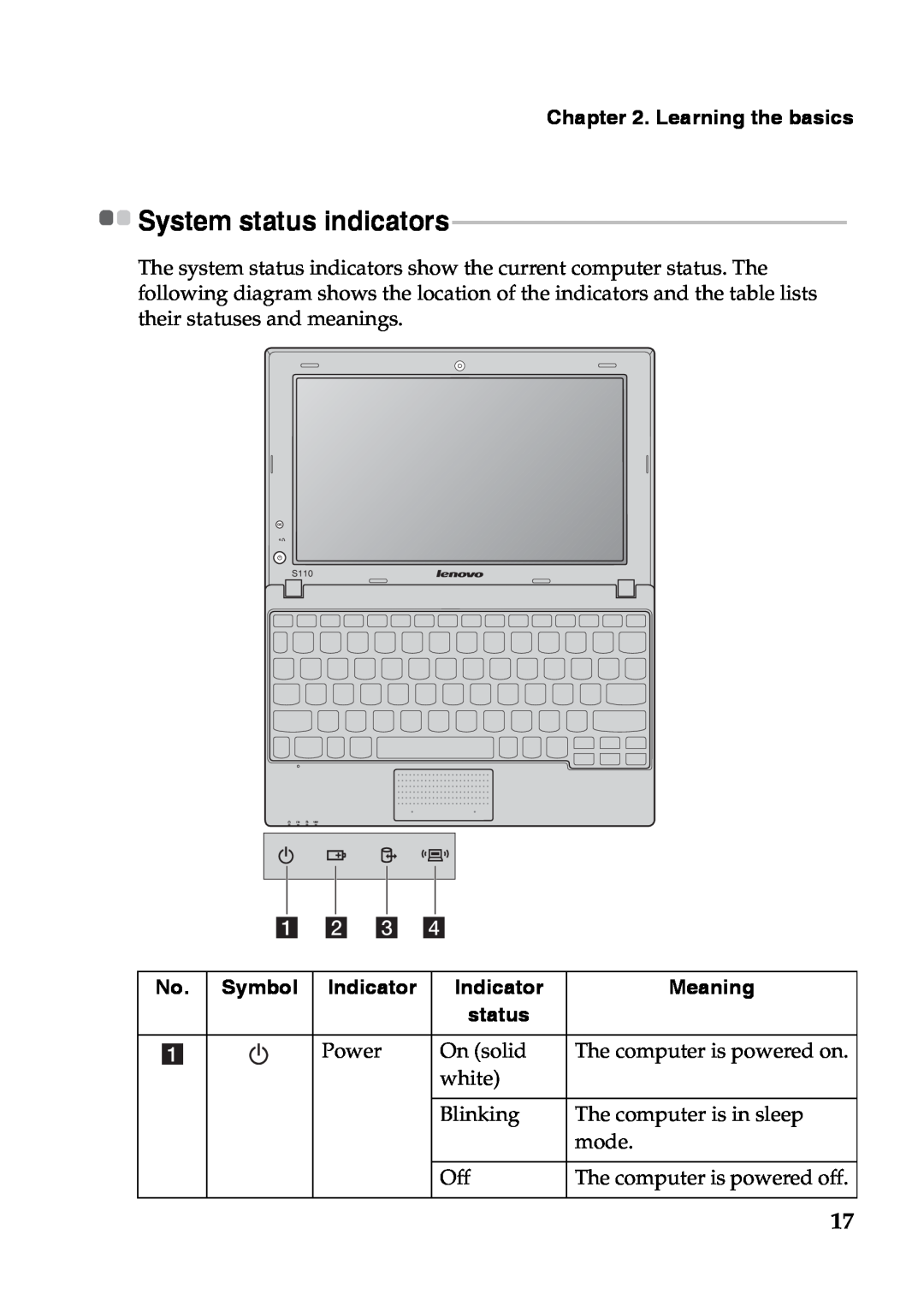 Lenovo S110 manual System status indicators, Symbol, Indicator, Meaning, Learning the basics 