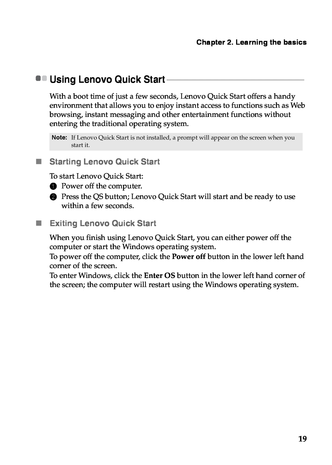 Lenovo S110 manual „Starting Lenovo Quick Start, „Exiting Lenovo Quick Start, Using Lenovo Quick Start, Learning the basics 