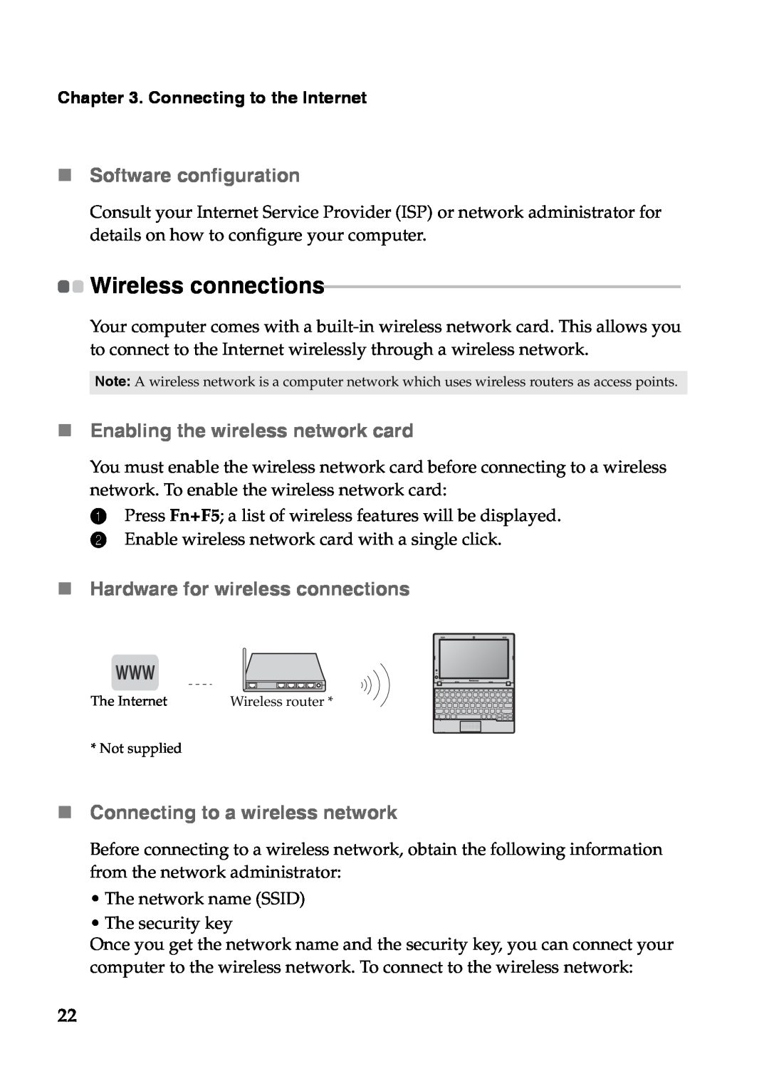 Lenovo S110 manual „Software configuration, „Enabling the wireless network card, „Hardware for wireless connections 