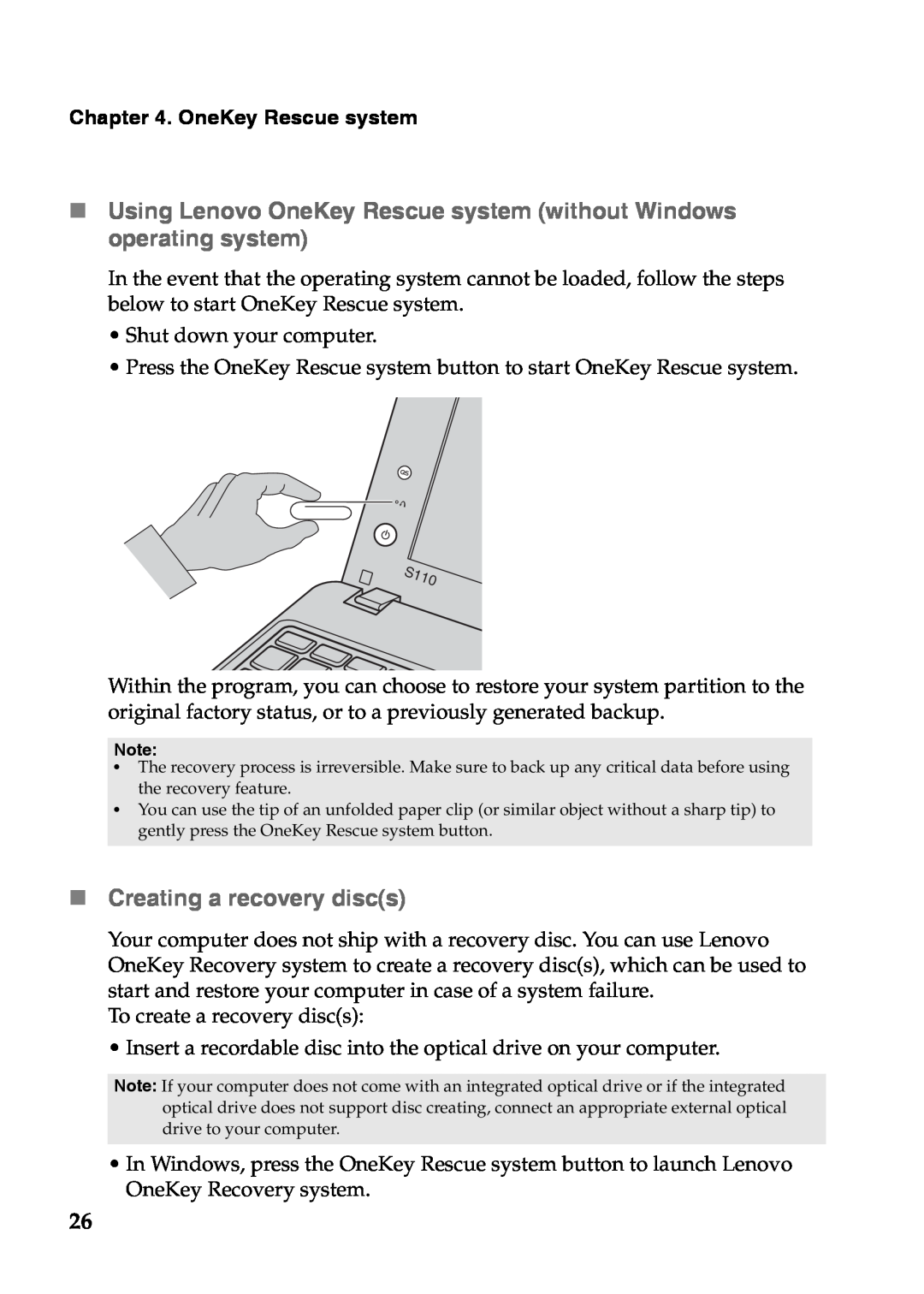 Lenovo S110 manual „Creating a recovery discs, OneKey Rescue system 