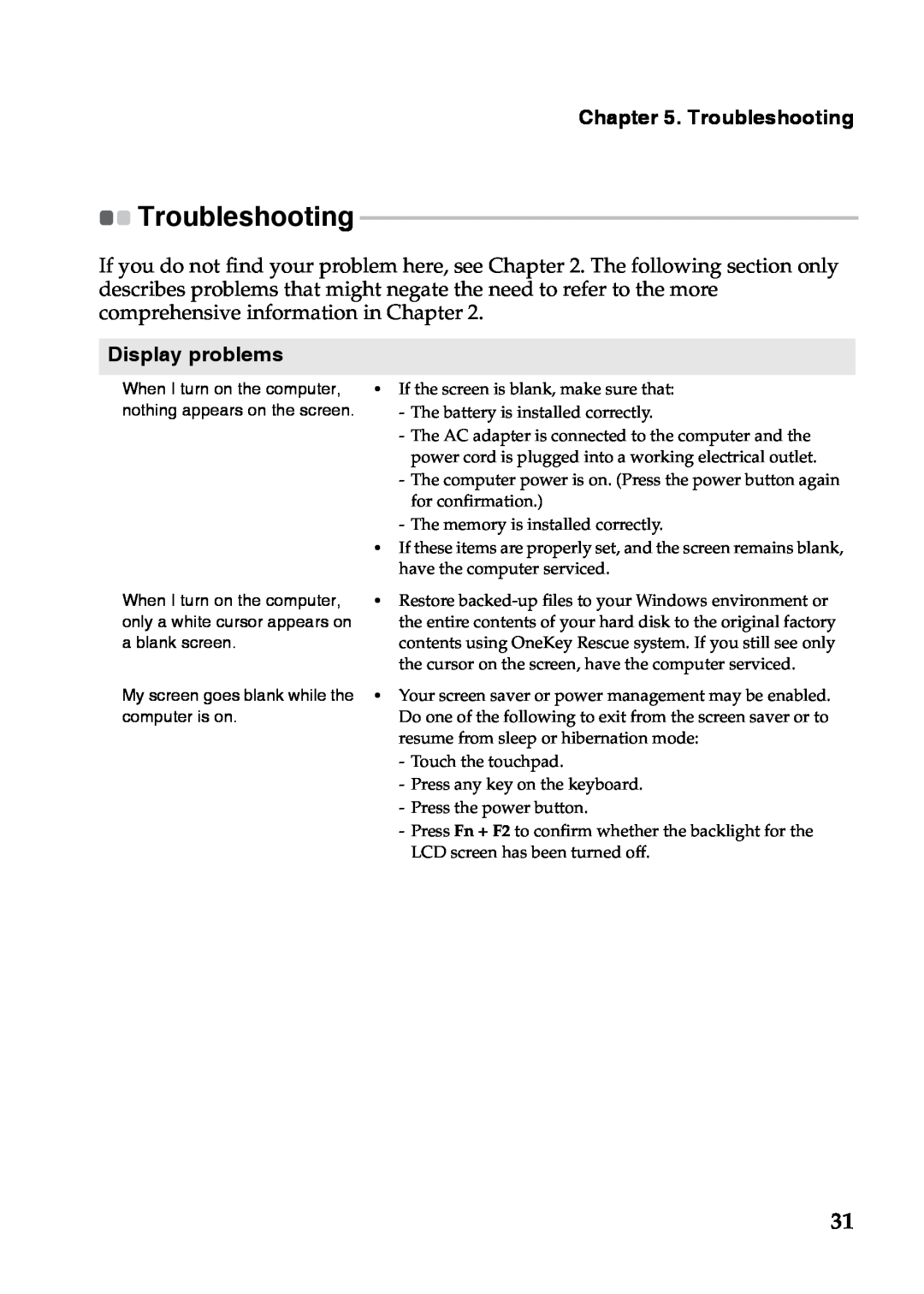 Lenovo S110 manual Troubleshooting, Display problems 