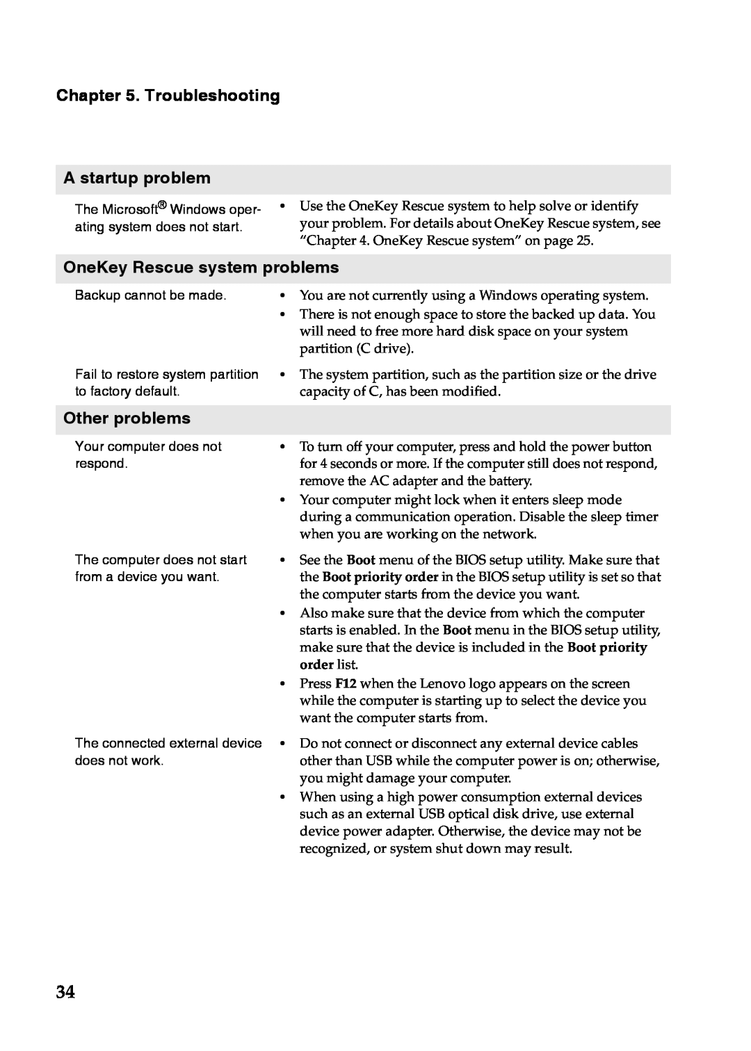 Lenovo S110 manual Troubleshooting A startup problem, OneKey Rescue system problems, Other problems 